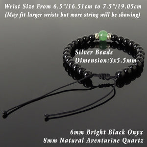 Aventurine Quartz & Bright Black Onyx Adjustable Braided Bracelet with S925 Sterling Silver Celtic Cross Spacer Charms - Handmade by Gem & Silver BR1211