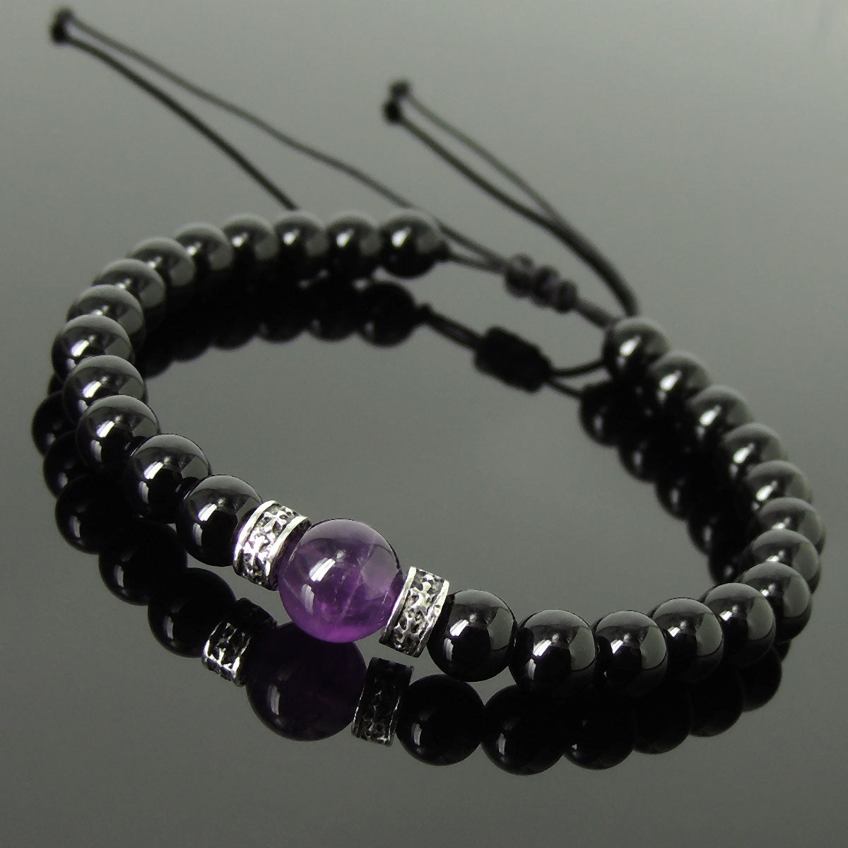 Amethyst & Bright Black Onyx Adjustable Braided Bracelet with S925 Sterling Silver Celtic Cross Spacer Charms - Handmade by Gem & Silver BR1212