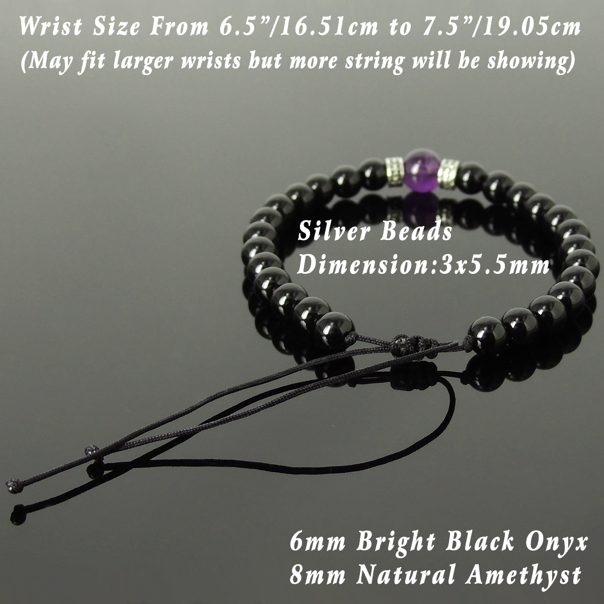 Amethyst & Bright Black Onyx Adjustable Braided Bracelet with S925 Sterling Silver Celtic Cross Spacer Charms - Handmade by Gem & Silver BR1212