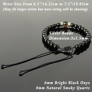 Smokey Quartz & Bright Black Onyx Adjustable Braided Bracelet with S925 Sterling Silver Celtic Cross Spacer Charms - Handmade by Gem & Silver BR1214