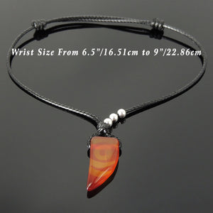 Agate Wolf Tooth Pendant Adjustable Wax Rope Bracelet with S925 Sterling Silver Seamless Beads - Handmade by Gem & Silver BR1215