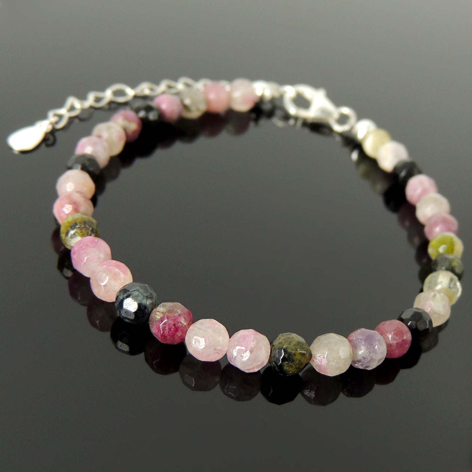5mm Faceted Multi-color Tourmaline Healing Gemstone Bracelet with S925 Sterling Silver Chain & Clasp - Handmade by Gem & Silver BR1216