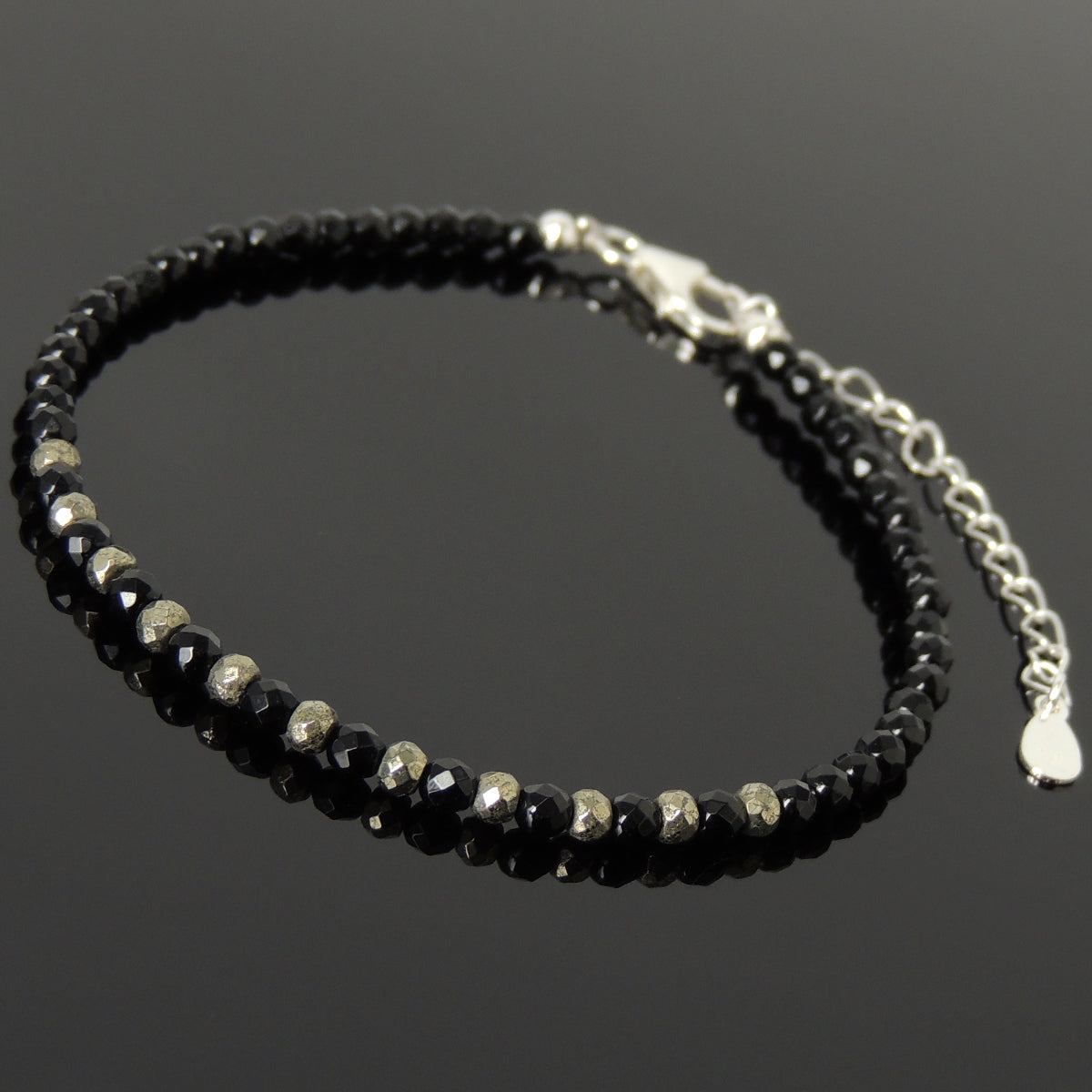3mm Faceted Bright Black Onyx & Gold Pyrite Healing Gemstone Bracelet with S925 Sterling Silver Chain & Clasp - Handmade by Gem & Silver BR1217