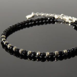 3mm Faceted Bright Black Onyx & Gold Pyrite Healing Gemstone Bracelet with S925 Sterling Silver Chain & Clasp - Handmade by Gem & Silver BR1217