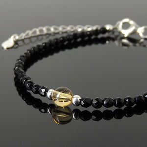 Citrine Quartz & Faceted Bright Black Onyx Healing Gemstone Bracelet with S925 Sterling Silver Chain & Clasp - Handmade by Gem & Silver BR1218