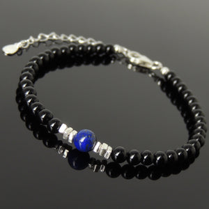 Lapis Lazuli & Bright Black Onyx Healing Gemstone Bracelet with S925 Sterling Silver Chain & Clasp - Handmade by Gem & Silver BR1219
