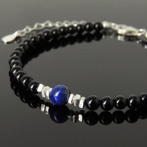 Lapis Lazuli & Bright Black Onyx Healing Gemstone Bracelet with S925 Sterling Silver Chain & Clasp - Handmade by Gem & Silver BR1219