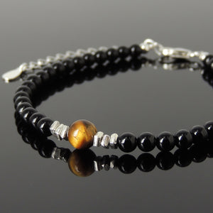 Brown Tiger Eye & Bright Black Onyx Healing Gemstone Bracelet with S925 Sterling Silver Chain & Clasp - Handmade by Gem & Silver BR1220