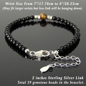 Brown Tiger Eye & Bright Black Onyx Healing Gemstone Bracelet with S925 Sterling Silver Chain & Clasp - Handmade by Gem & Silver BR1220