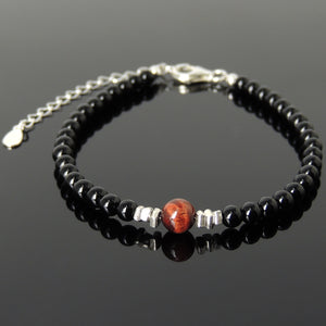 Red Tiger Eye & Bright Black Onyx Healing Gemstone Bracelet with S925 Sterling Silver Chain & Clasp - Handmade by Gem & Silver BR1221