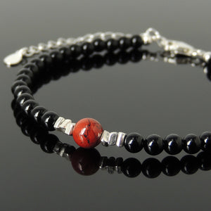 Red Jasper & Bright Black Onyx Healing Stone Bracelet with S925 Sterling Silver Chain & Clasp - Handmade by Gem & Silver BR1223