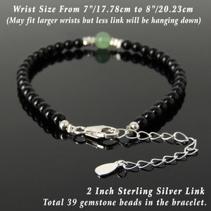 Aventurine Quartz & Bright Black Onyx Healing Gemstone Bracelet with S925 Sterling Silver Chain & Clasp - Handmade by Gem & Silver BR1225