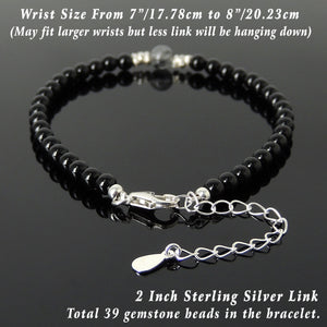 Black Rutilated Quartz & Bright Black Onyx Healing Gemstone Bracelet with S925 Sterling Silver Chain & Clasp - Handmade by Gem & Silver BR1226