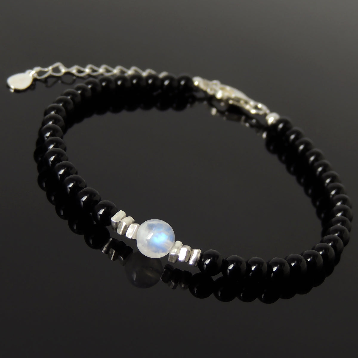 Grade AA Moonstone & Bright Black Onyx Healing Gemstone Bracelet with S925 Sterling Silver Chain & Clasp - Handmade by Gem & Silver BR1228