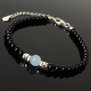 Aquamarine Crystal & Bright Black Onyx Healing Gemstone Bracelet with S925 Sterling Silver Chain & Clasp - Handmade by Gem & Silver BR1229