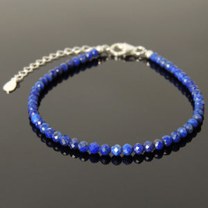 3mm Faceted Lapis Lazuli Healing Gemstone Bracelet with S925 Sterling Silver Chain & Clasp - Handmade by Gem & Silver BR1230