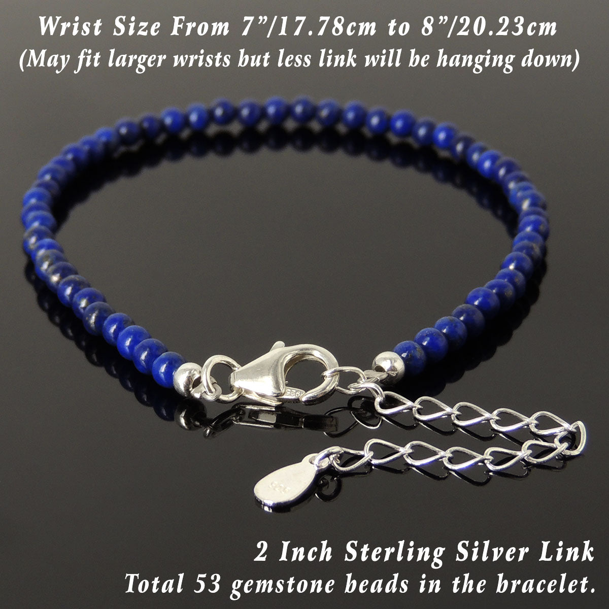 3mm Lapis Lazuli Healing Gemstone Bracelet with S925 Sterling Silver Chain & Clasp - Handmade by Gem & Silver BR1232