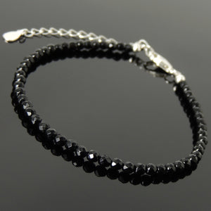 3mm Faceted Black Onyx Healing Gemstone Bracelet with S925 Sterling Silver Chain & Clasp - Handmade by Gem & Silver BR1233