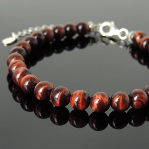 6mm Red Tiger Eye Healing Gemstone Bracelet with S925 Sterling Silver Chain & Clasp - Handmade by Gem & Silver BR1237