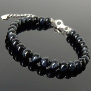 6mm Blue Tiger Eye Healing Gemstone Bracelet with S925 Sterling Silver Chain & Clasp - Handmade by Gem & Silver BR1238