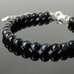 6mm Blue Tiger Eye Healing Gemstone Bracelet with S925 Sterling Silver Chain & Clasp - Handmade by Gem & Silver BR1238