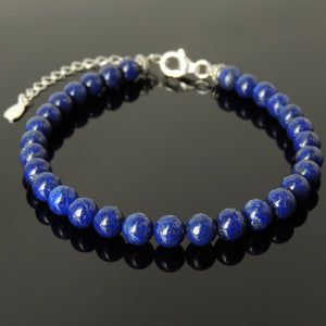 6mm Lapis Lazuli Healing Gemstone Bracelet with S925 Sterling Silver Chain & Clasp - Handmade by Gem & Silver BR1239