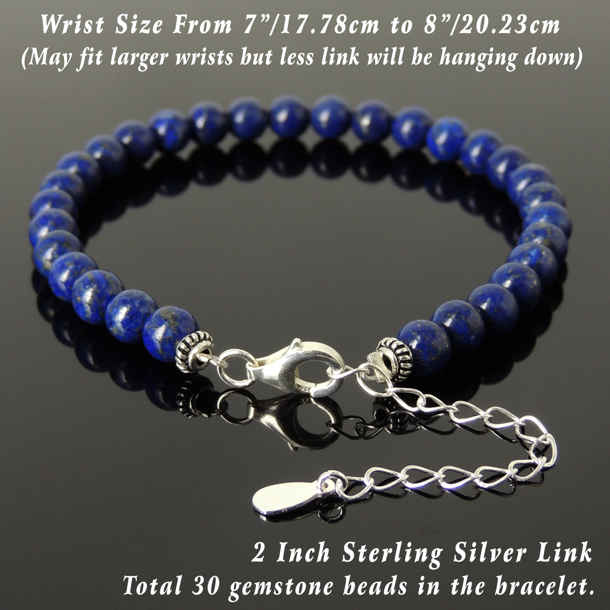 6mm Lapis Lazuli Healing Gemstone Bracelet with S925 Sterling Silver Chain & Clasp - Handmade by Gem & Silver BR1239