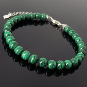 6mm Malachite Healing Gemstone Bracelet with S925 Sterling Silver Chain & Clasp - Handmade by Gem & Silver BR1240