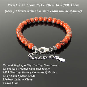 6mm Red Jasper Healing Stone Bracelet with S925 Sterling Silver Chain & Clasp - Handmade by Gem & Silver BR1241