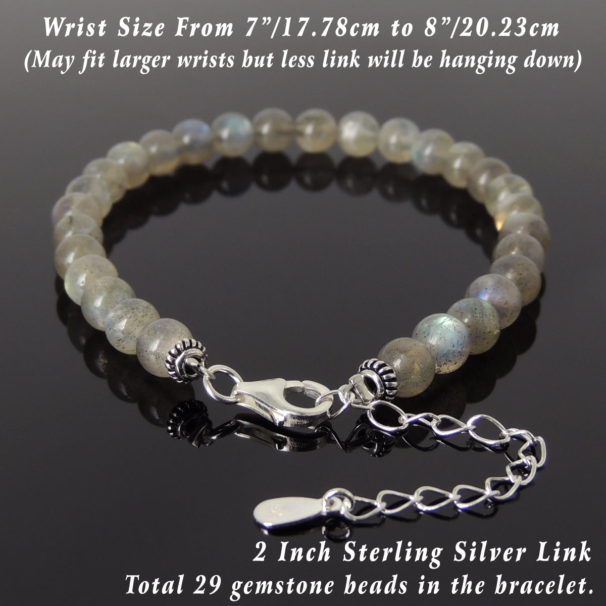6mm Flashing Labradorite Healing Gemstone Bracelet with S925 Sterling Silver Chain & Clasp - Handmade by Gem & Silver BR1244
