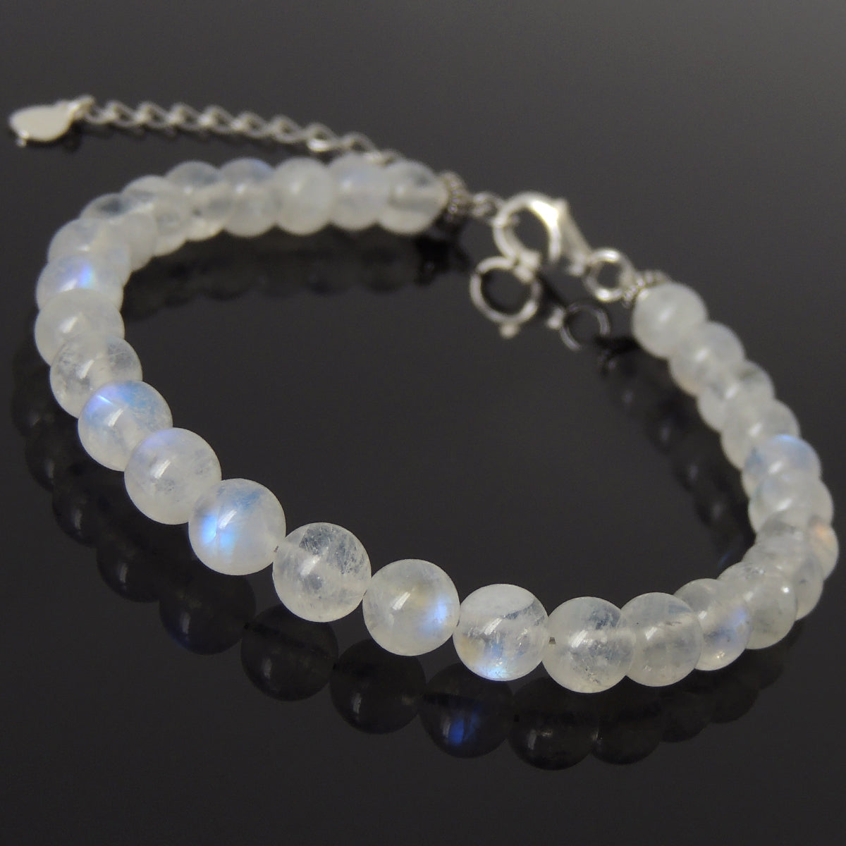 6mm Grade AA Flashing Moonstone Healing Gemstone Bracelet with S925 Sterling Silver Chain & Clasp - Handmade by Gem & Silver BR1246