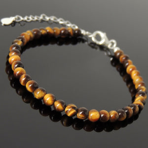4mm Brown Tiger Eye Healing Gemstone Bracelet with S925 Sterling Silver Chain & Clasp - Handmade by Gem & Silver BR1249