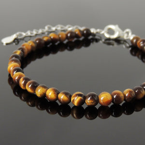 4mm Brown Tiger Eye Healing Gemstone Bracelet with S925 Sterling Silver Chain & Clasp - Handmade by Gem & Silver BR1249