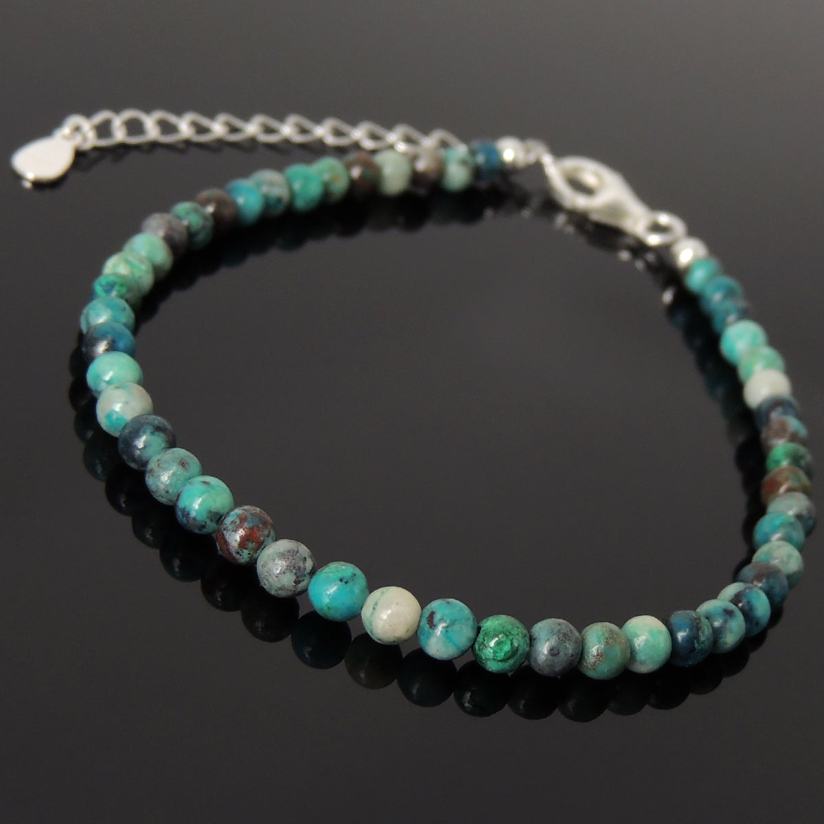 4mm Rare Peru Chrysocolla Healing Gemstone Bracelet with S925 Sterling Silver Chain & Clasp - Handmade by Gem & Silver BR1251