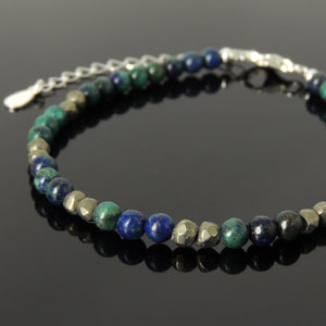 4mm Mixed Chrysocolla Lapis & Faceted Gold Pyrite Healing Gemstone Bracelet with S925 Sterling Silver Chain & Clasp - Handmade by Gem & Silver BR1255
