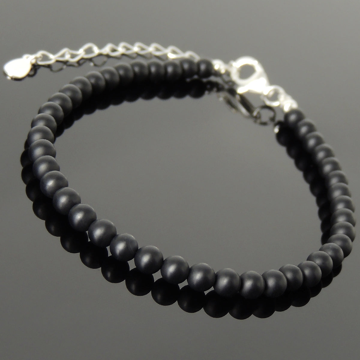 4mm Matte Black Onyx Healing Gemstone Bracelet with S925 Sterling Silver Chain & Clasp - Handmade by Gem & Silver BR1258