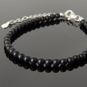 4mm Matte Black Onyx Healing Gemstone Bracelet with S925 Sterling Silver Chain & Clasp - Handmade by Gem & Silver BR1258