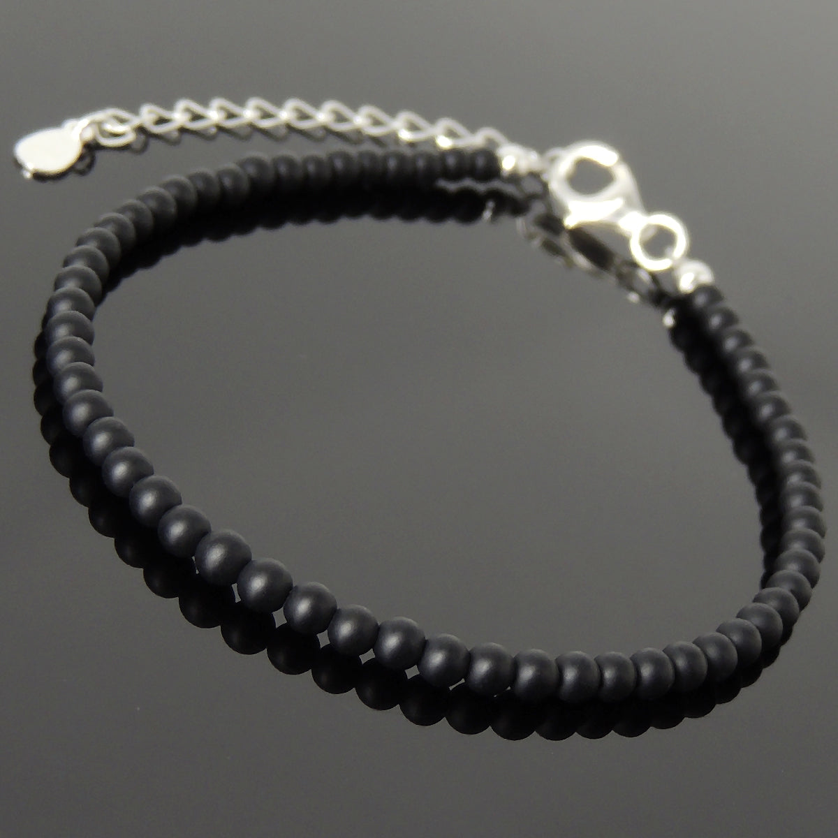 3mm Matte Black Onyx Healing Gemstone Bracelet with S925 Sterling Silver Chain & Clasp - Handmade by Gem & Silver BR1259