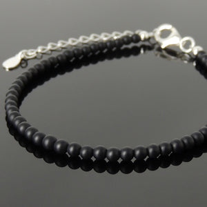 3mm Matte Black Onyx Healing Gemstone Bracelet with S925 Sterling Silver Chain & Clasp - Handmade by Gem & Silver BR1259