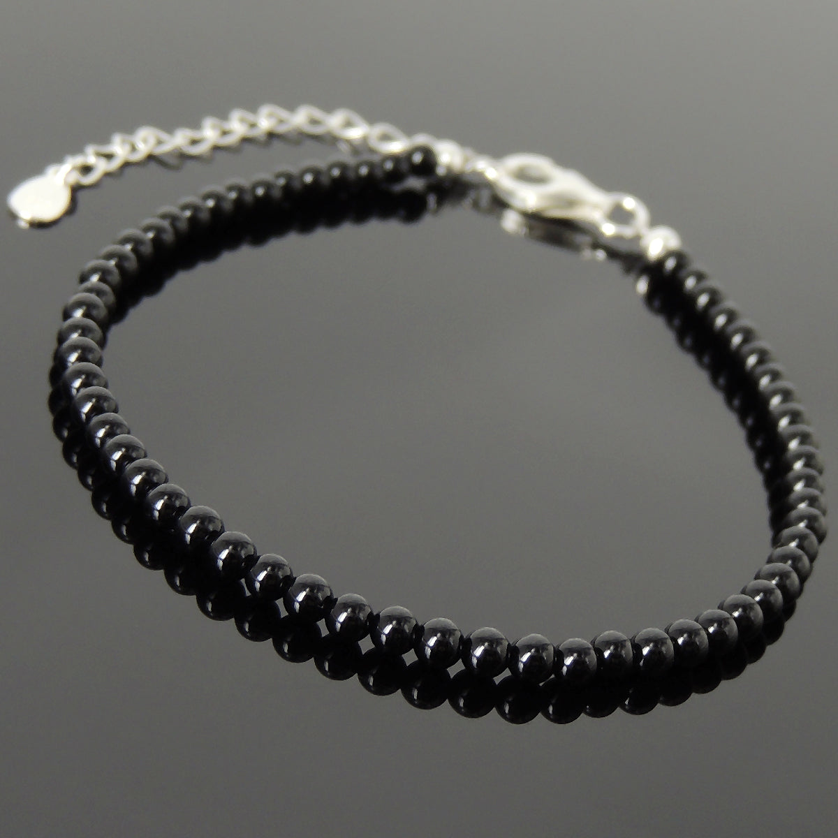 3mm Bright Black Onyx Healing Gemstone Bracelet with S925 Sterling Silver Chain & Clasp - Handmade by Gem & Silver BR1260