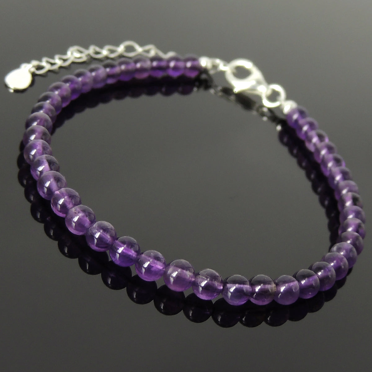 4mm Amethyst Healing Gemstone Bracelet with S925 Sterling Silver Chain & Clasp - Handmade by Gem & Silver BR1261