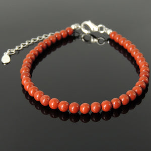 4mm Red Jasper Healing Stone Bracelet with S925 Sterling Silver Chain & Clasp - Handmade by Gem & Silver BR1262