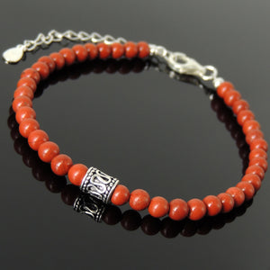 4mm Red Jasper Healing Stone Bracelet with S925 Sterling Silver Artisan Barrel Bead, Chain, & Clasp - Handmade by Gem & Silver BR1263