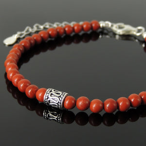 4mm Red Jasper Healing Stone Bracelet with S925 Sterling Silver Artisan Barrel Bead, Chain, & Clasp - Handmade by Gem & Silver BR1263