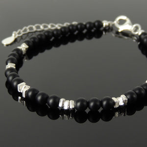 4mm Matte Black Onyx Healing Gemstone Bracelet with S925 Sterling Silver Nugget Beads, Chain, & Clasp - Handmade by Gem & Silver BR1265