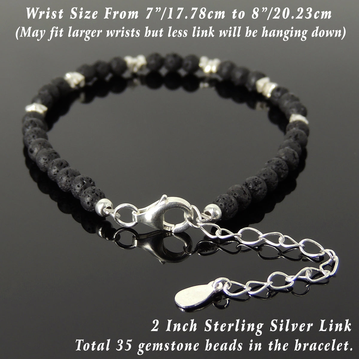 4mm Lava Rock Healing Stone Bracelet with S925 Sterling Silver Nugget Beads, Chain, & Clasp - Handmade by Gem & Silver BR1266