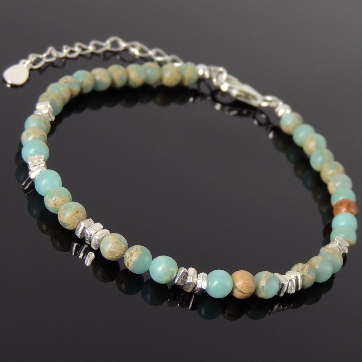 4mm Jasper Healing Stone Bracelet with S925 Sterling Silver Nugget Beads, Chain, & Clasp - Handmade by Gem & Silver BR1267