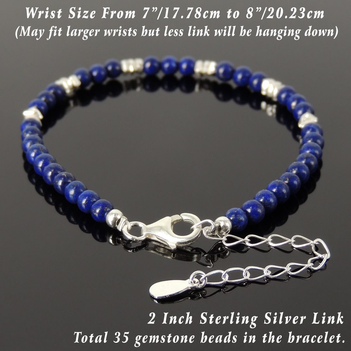 4mm Lapis Lazuli Healing Gemstone Bracelet with S925 Sterling Silver Nugget Beads, Chain, & Clasp - Handmade by Gem & Silver BR1268