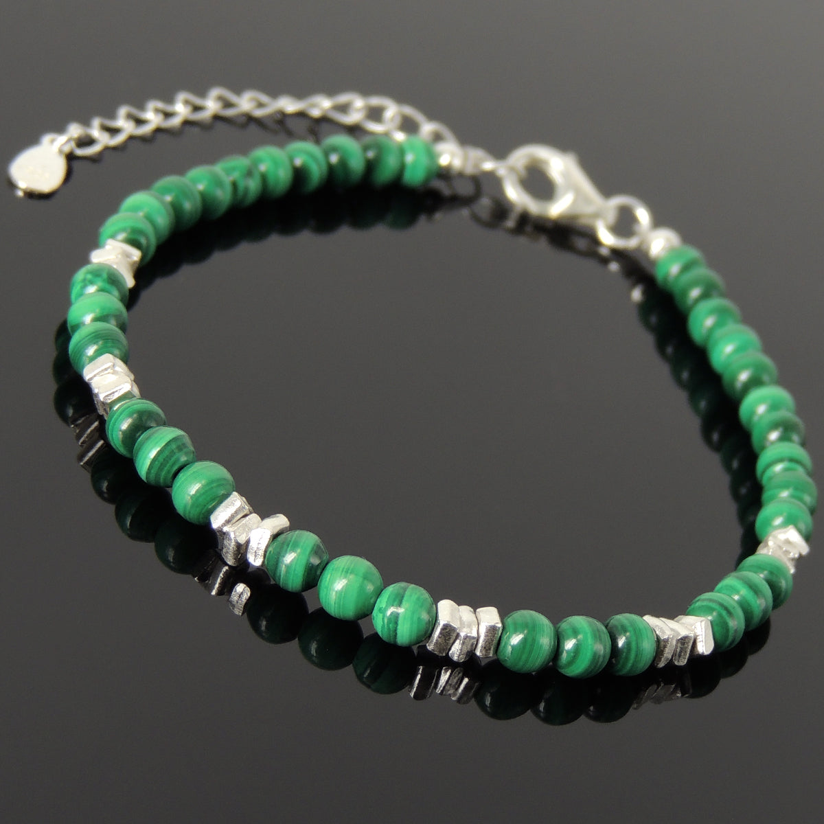 4mm Malachite Healing Gemstone Bracelet with S925 Sterling Silver Nugget Beads, Chain, & Clasp - Handmade by Gem & Silver BR1269