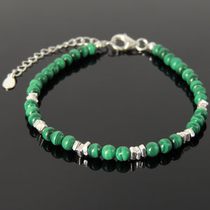 4mm Malachite Healing Gemstone Bracelet with S925 Sterling Silver Nugget Beads, Chain, & Clasp - Handmade by Gem & Silver BR1269